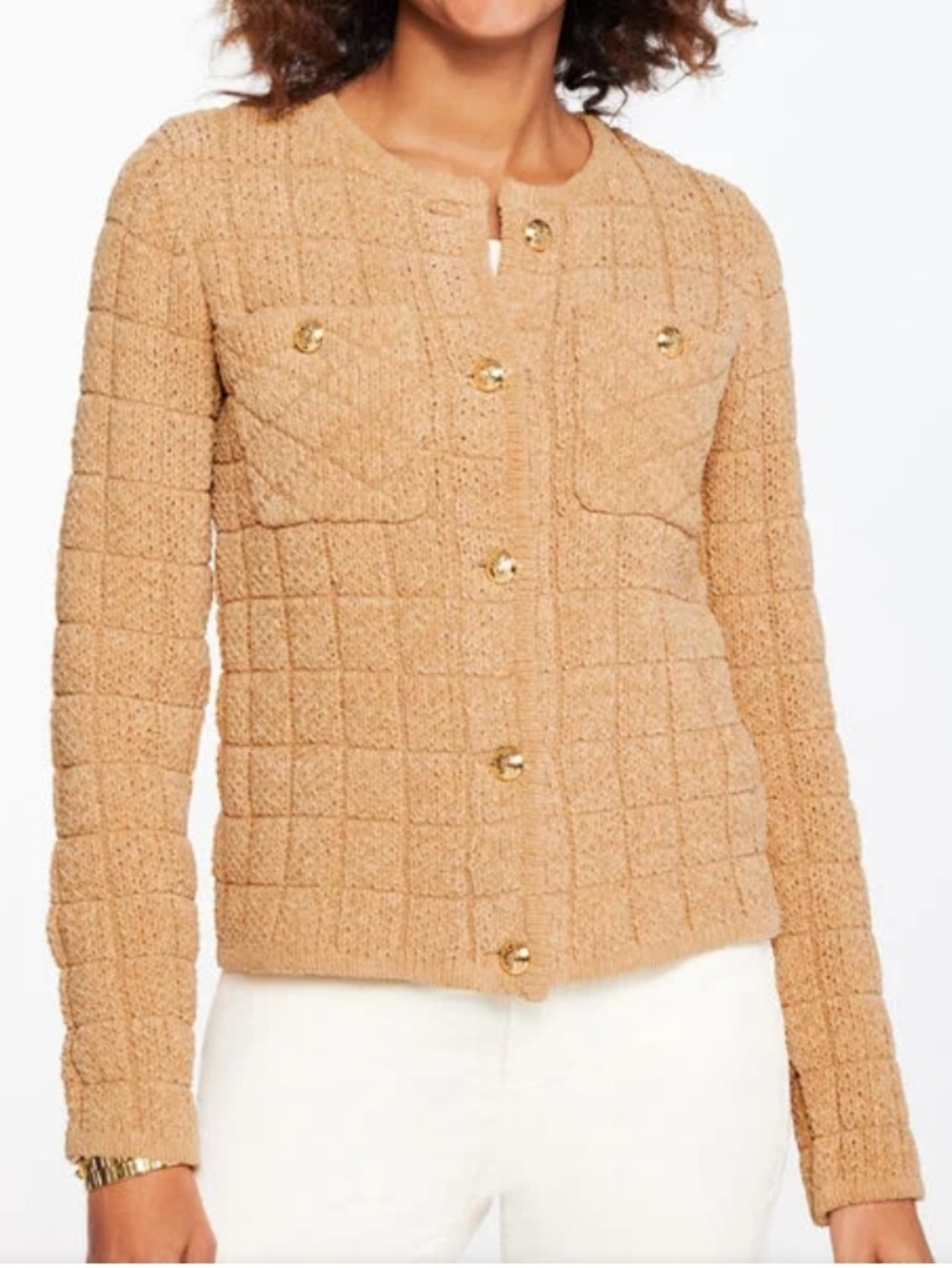 TALBOTS TAN JACQUARD CREWNECK‎ CARDIGAN SIZE L